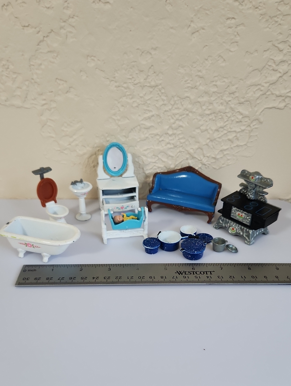 Vintage 1980s Mattel "The Littles" die-cast metal dollhouse furniture line